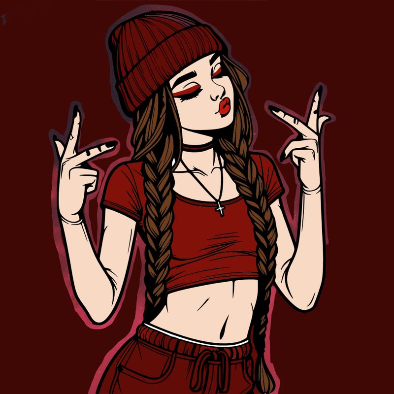 realistic teenage girl with braids and a beanie and crop top doing 🫶🏼