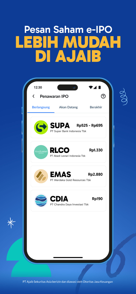 Schermata mobile dell'app Ajaib che mostra varie quotazioni di azioni e prezzi di e-IPO indonesiane.