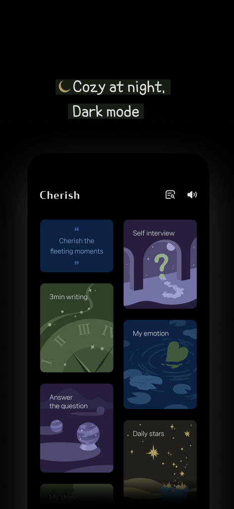 Cherish - diary with 7 formats - Cherish app interface in dark mode showing various journaling formats