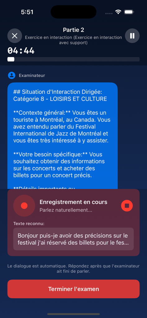 Simulación de examen oral TCF Canada impulsada por IA con transcripción de voz en tiempo real