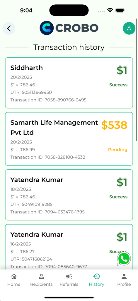 Crobo - Écran de l'historique des transactions de l'application Crobo affichant les transferts d'argent des États-Unis vers l'Inde et les taux de change