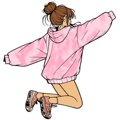 realistic girl jumping with a bun and oversized sweatshirt