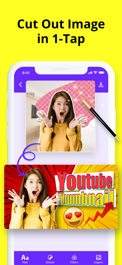 Thumbnail Maker: YT Banner Art - A mobile interface demonstrating a one tap background removal tool for creating YouTube thumbnails