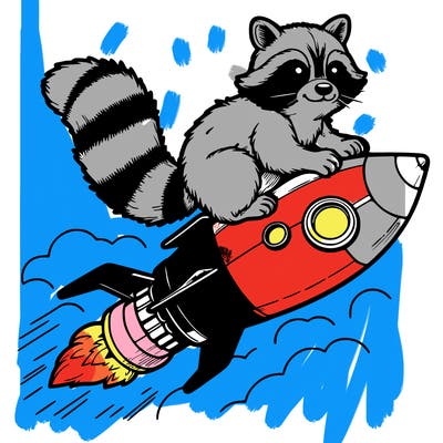 realistic raccoon flying on top rocket ship