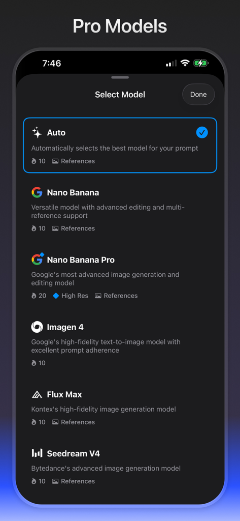 Screenshot of Yapper AI app showing the selection menu for professional image models like Imagen 4 and Flux Max
