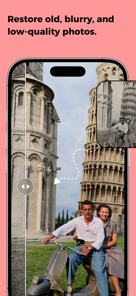 Wave AI: Image & Video Maker - Wave AI app demonstrating old photo restoration and quality enhancement