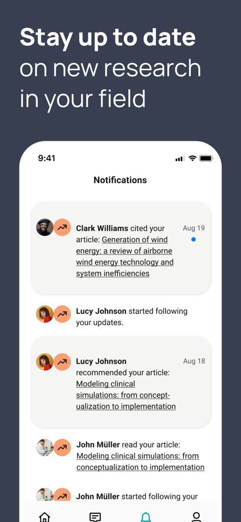 ResearchGateアプリの通知画面。科学論文の引用、推奨、閲覧数が表示されます。