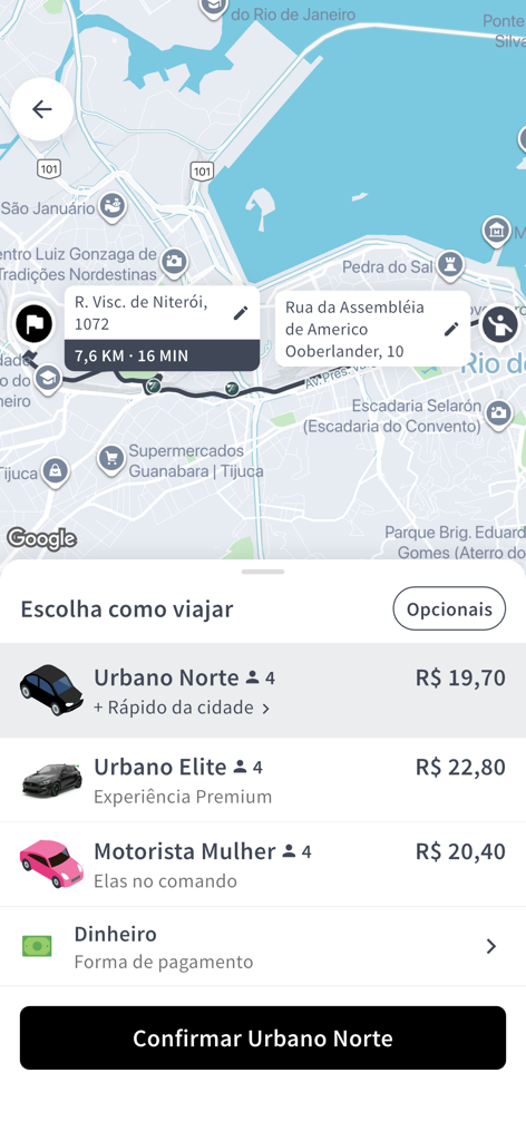 Urbano Norte - Interface do aplicativo Urbano Norte mostrando opções de viagem e um mapa para reserva de transporte