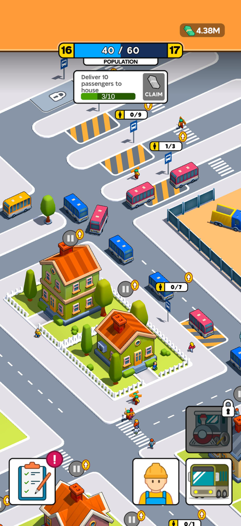 City Transportation Tycoon - Isometric view of a colorful city with buses on roads and suburban houses in City Transportation Tycoon