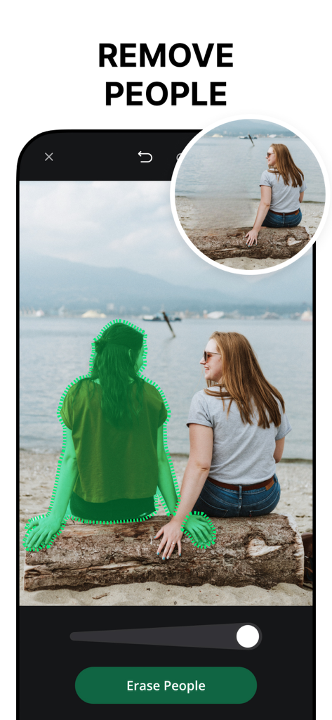 Background Eraser, AI - AppCut - A smartphone screen showing the AI object eraser tool in AppCut removing a person from a beach photo.