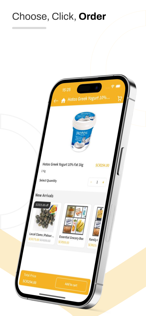 A smartphone showing the WOW Delivery app product page for Greek yogurt with a purchase button and grocery selection.