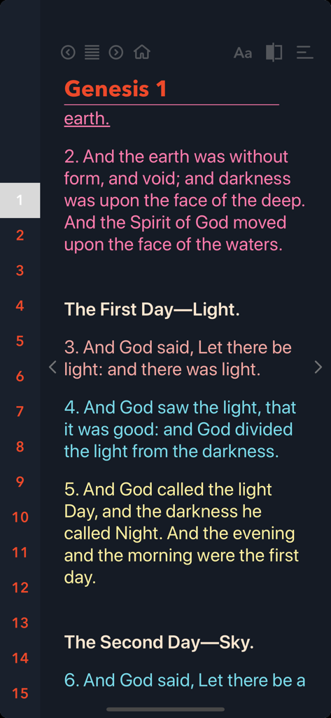 Bible ProStudy interface showing Genesis 1 in a dark theme with color coded verses