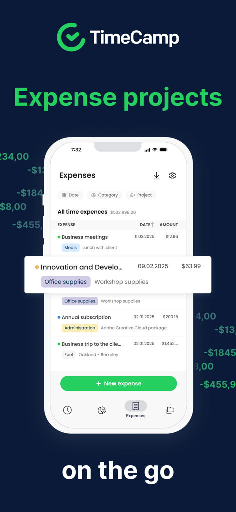 TimeCamp Time Tracker - Interfaz de la aplicación móvil TimeCamp mostrando el seguimiento y la gestión de gastos del proyecto