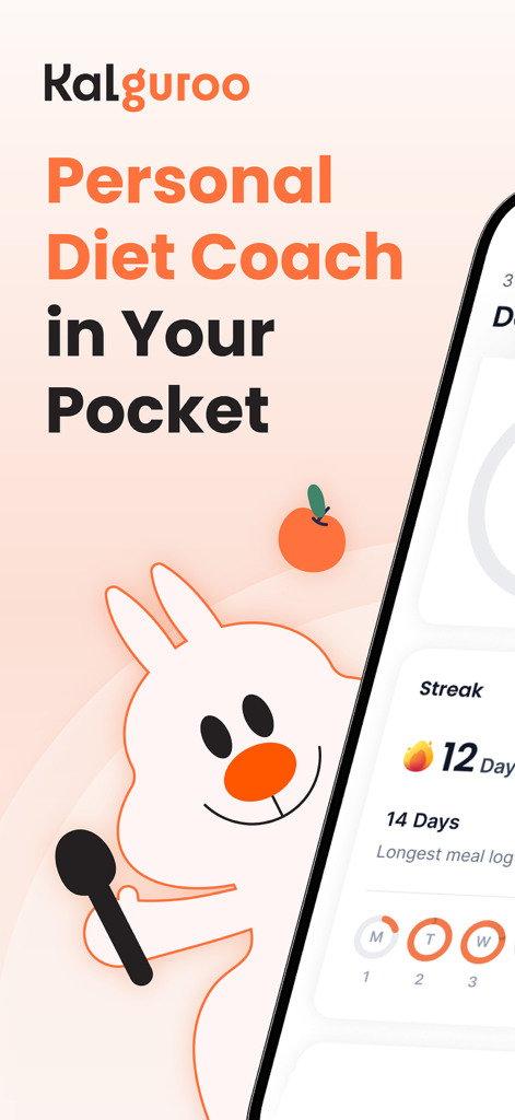 Kalguroo app screen featuring a rabbit mascot and the slogan Personal Diet Coach in Your Pocket
