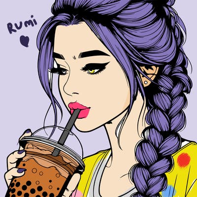 realistic girl drinking boba tea with braided hair