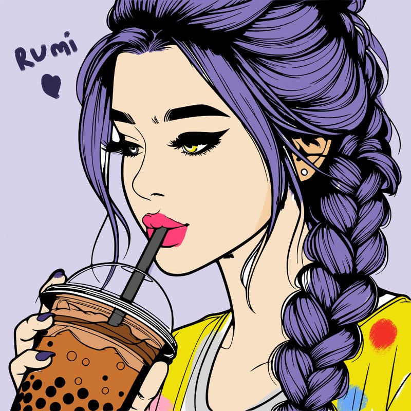 realistic girl drinking boba tea with braided hair
