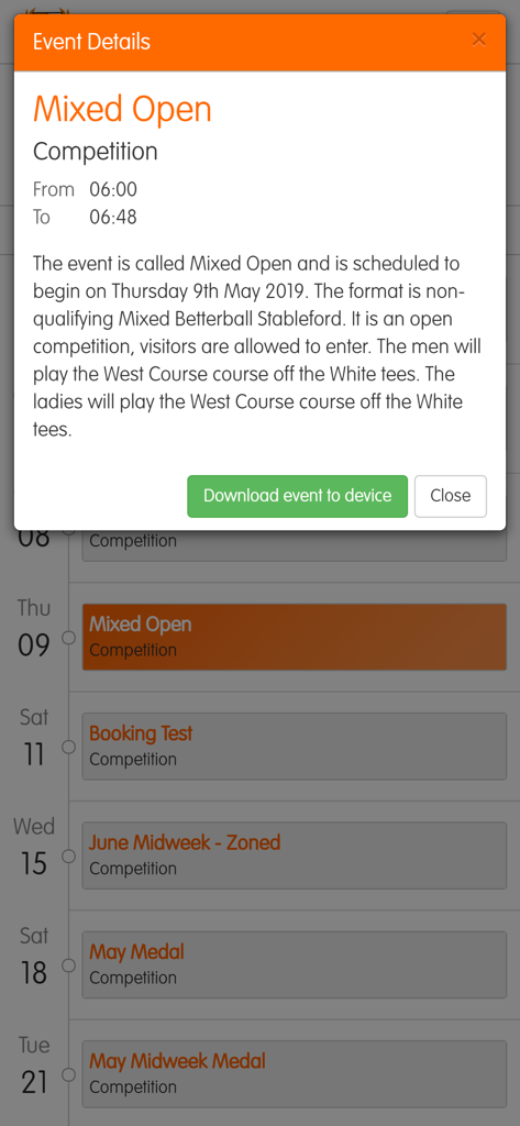 A screen displaying details for a Mixed Open golf competition including format and course information.