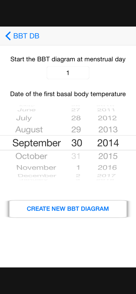 Basal Body Temperature Calc. - Écran de configuration pour démarrer un nouveau diagramme de température basale avec sélection de la date.