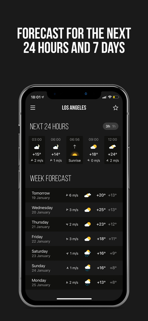 MeMeteo app displaying detailed 24 hour and 7 day weather forecasts for Los Angeles