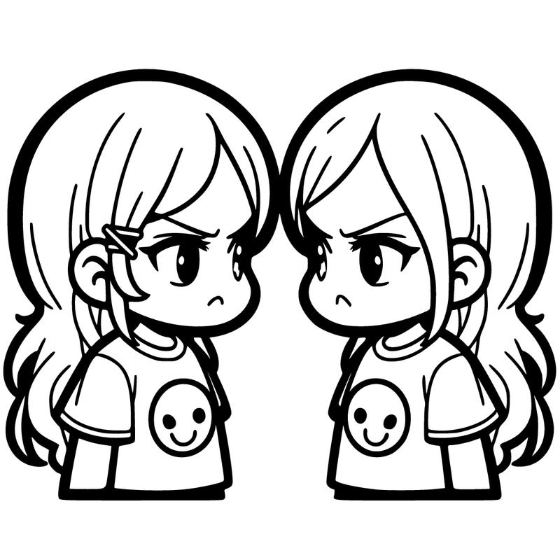 easy 2 girls staring each other in the eye looking angry qith tshirts with amiley faces