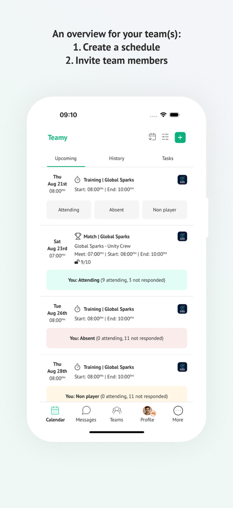 Übersicht über den Spielplan und die Anwesenheit im Teamy App-Sportteam mit bevorstehenden Trainings- und Spielereignissen