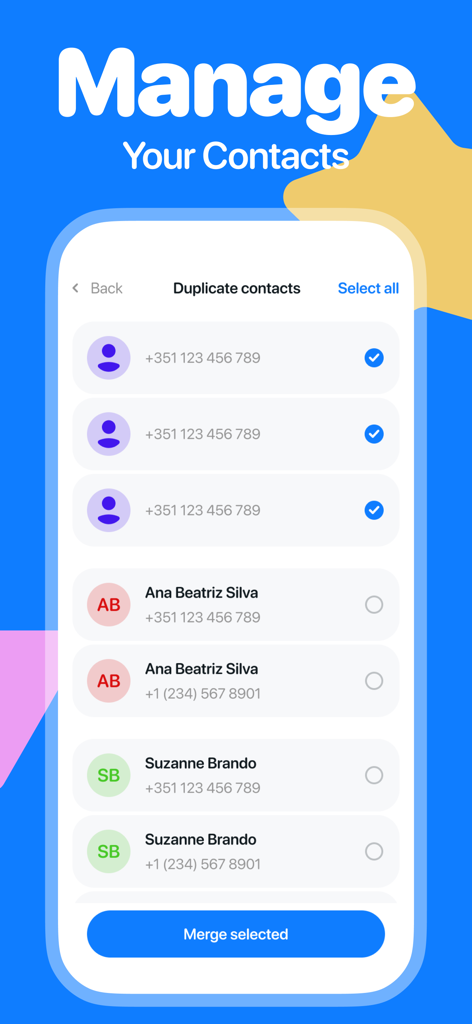 Oberfläche der CleanUp Now App, die eine Liste doppelter Kontakte und eine Schaltfläche zum Zusammenführen zur Organisation des Adressbuchs zeigt.