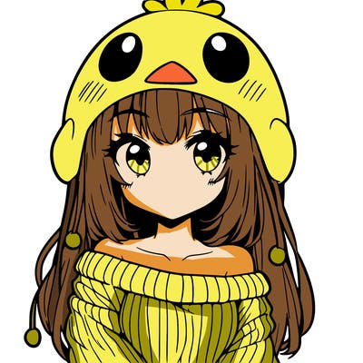 anime girl with chick shaped hat with sweater with bare shoulders with bangs covering them one eye with low tail