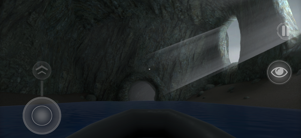 First-person view of a dark water cave with light rays in the Level 7 Thalassophobia mobile game