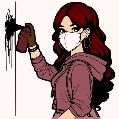 realistic girl with mask spray painting a wall