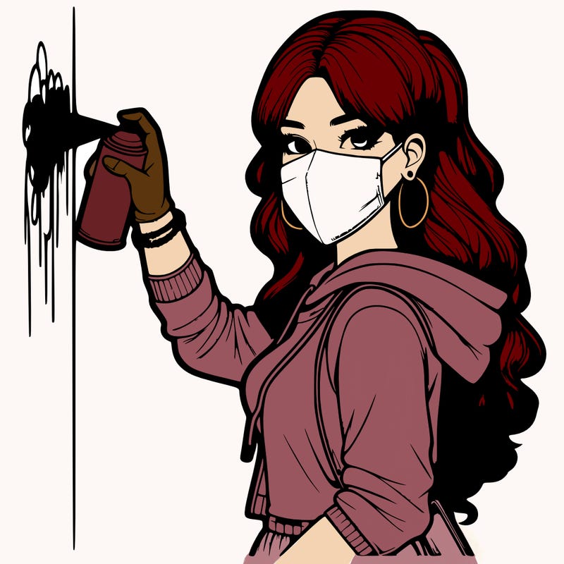 realistic girl with mask spray painting a wall