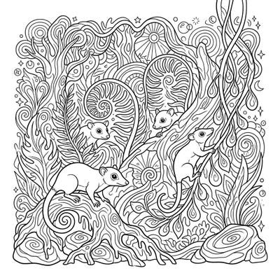 Explore a mesmerizing prehistoric world with our Psychedelic Early Mammals coloring page. This intricate design blends ancient creatures with a vibrant, trippy jungle landscape, perfect for imaginative colorists.