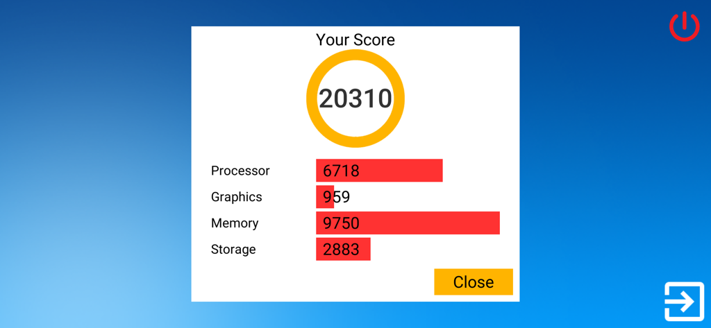 Pantalla de resultados de benchmark de rendimiento que muestra las puntuaciones de los componentes de hardware en PC Simulator.