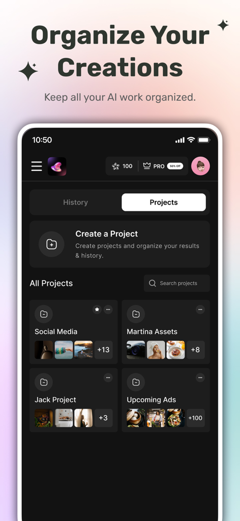 50+ AI Design Tools: MagicShot - Oberfläche der MagicShot-App zeigt, wie KI-Kreationen in verschiedenen Projektordnern organisiert werden.