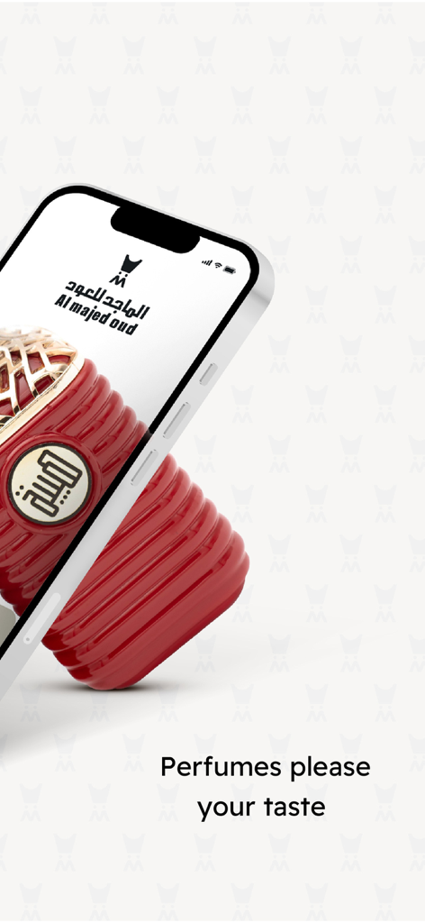Almajed4oud - الماجد للعود - Écran de l'application Almajed Oud montrant une bouteille de parfum de luxe rouge et le logo.
