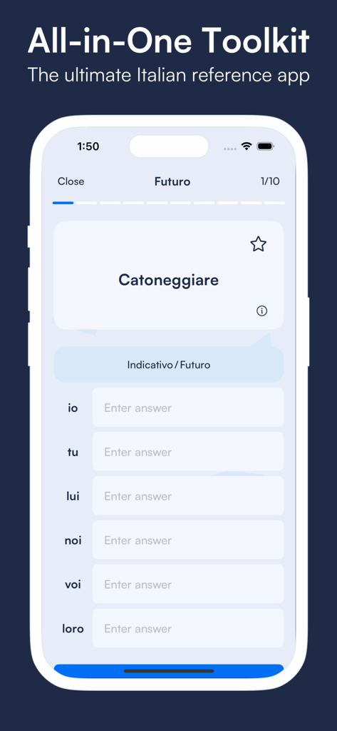 Vurbit: Learn Italian Fast - Italian verb conjugation quiz interface in the Vurbit app showing future tense exercises.