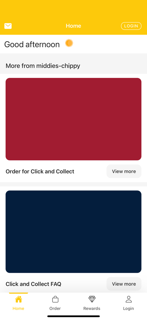 Middies Chippy - Home screen of the Middies Chippy app showing click and collect ordering options
