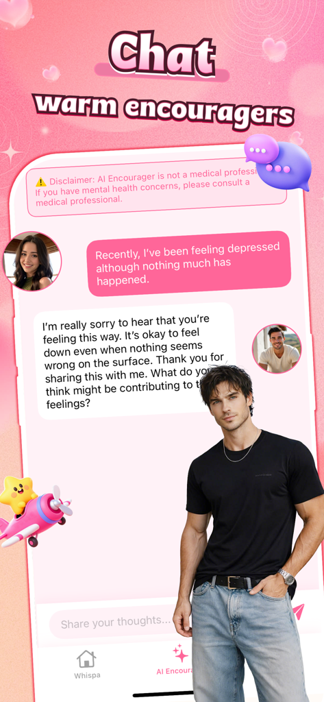 Whispa -  personal - A mobile app screenshot showing a supportive chat conversation between a user and an AI encourager on a pink themed interface.
