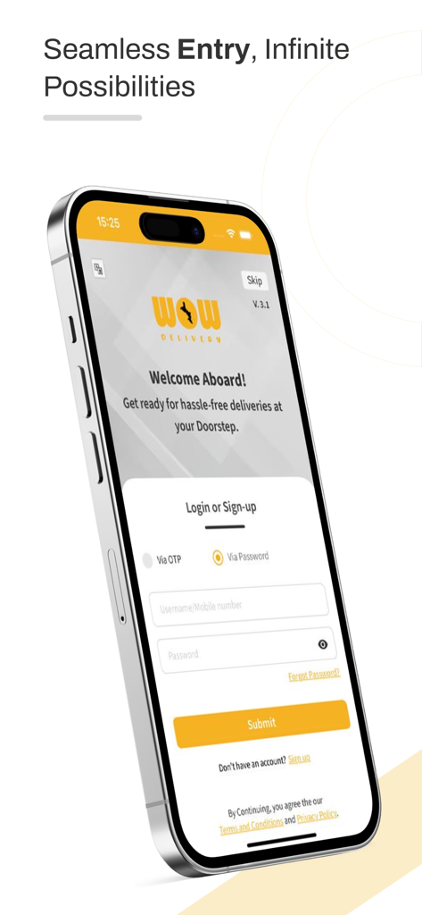 WOW Delivery mobile app login and sign up interface on an iPhone