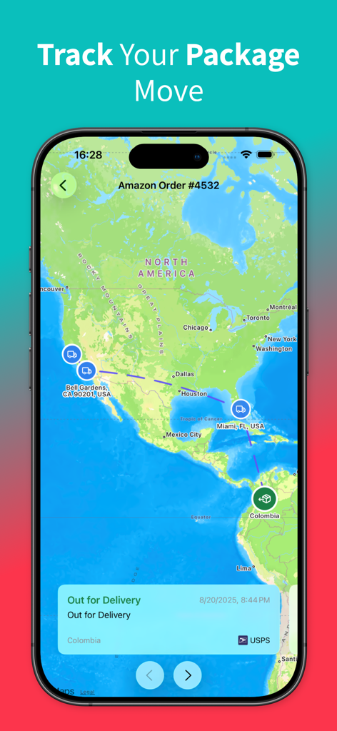 Parcel & Package Tracker - A smartphone showing the Parcel and Package Tracker app with a real-time map tracking an international delivery route.