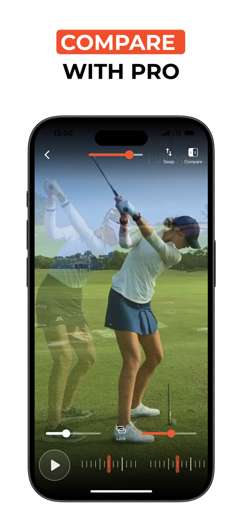 UpT: Your Golf Coach & AI - Un golfista usando la aplicación UpT para comparar su técnica de swing con la superposición de un golfista profesional