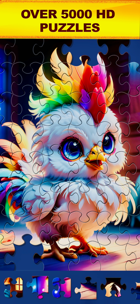 Gameplay screen of Jigsaw HD Puzzles showing a colorful chick puzzle being solved with various pieces