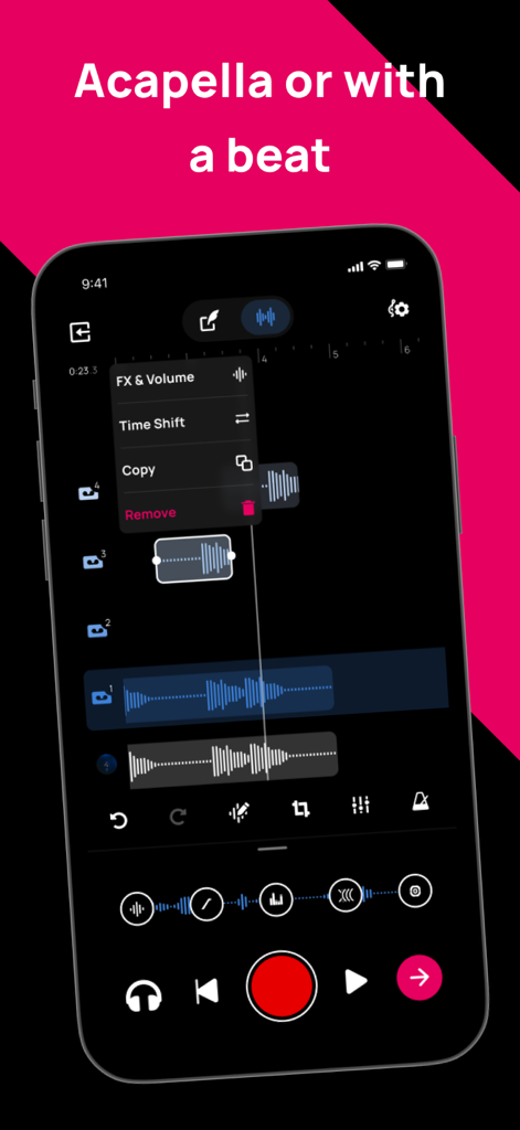 Voloco app showing multi track vocal recording and editing interface
