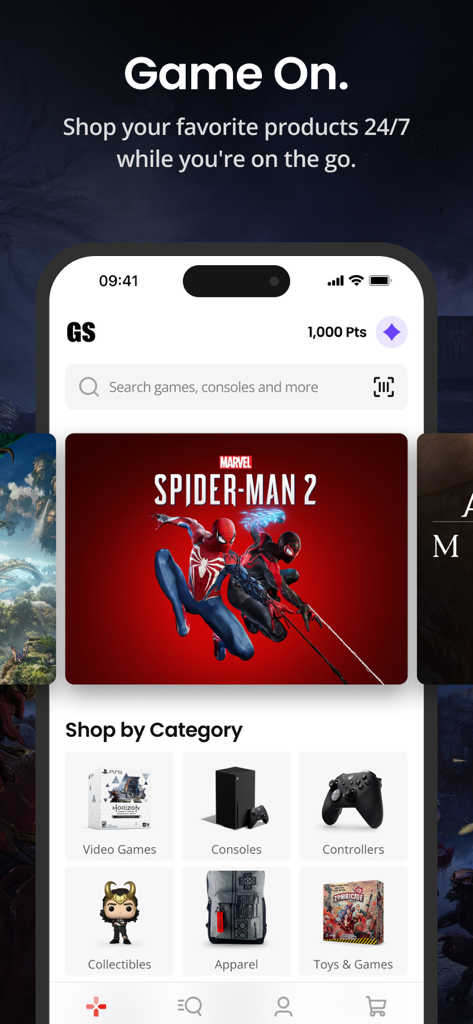 GameStop - Schermata principale dell'app GameStop che mostra il banner di Marvel Spider-Man 2 e le categorie di shopping per console e oggetti da collezione.