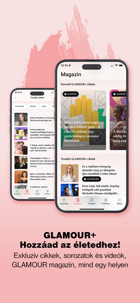 GLAMOUR Hungary mobile app showing exclusive digital magazine articles and fashion news