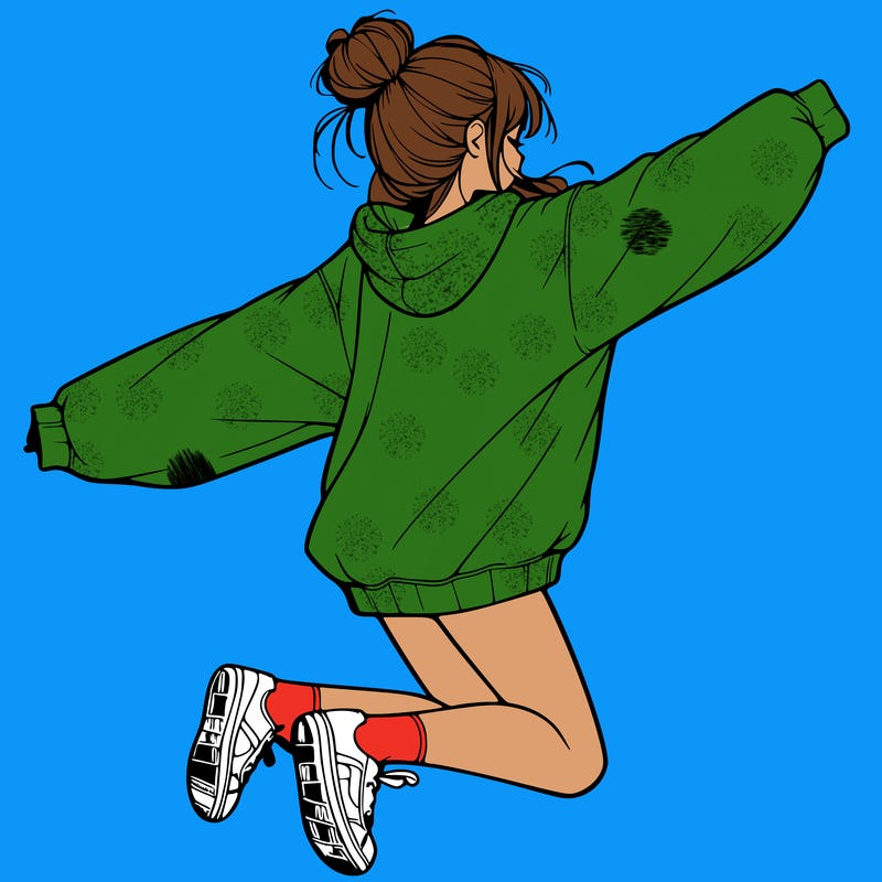 realistic girl jumping with a bun and oversized sweatshirt
