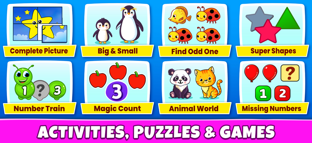 Menu of eight educational games for toddlers including puzzles and counting