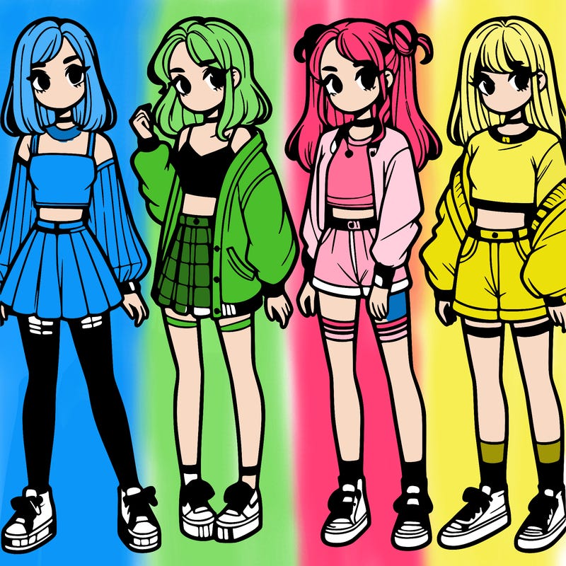 one girl with crop-top shirt and a jacket with a skirt, long socks and another girl with a shirt and pants with a jacket