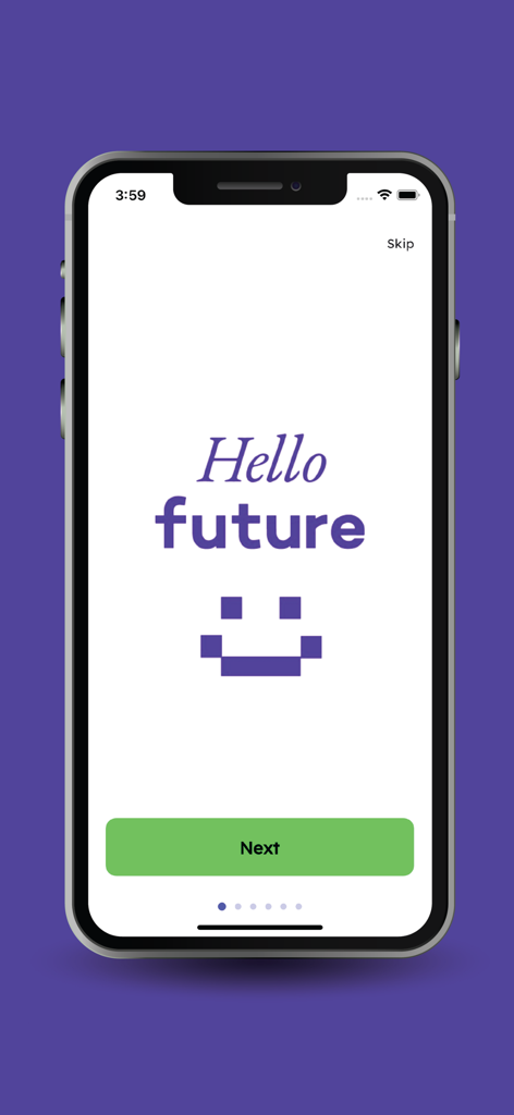 The welcome screen of the CIU Mobile app with the text Hello future and a pixelated smile.