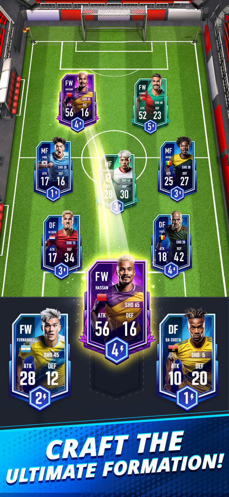 Soccer Duel: PvP Football Game - Soccer Duel game screen showing player card formation on the field