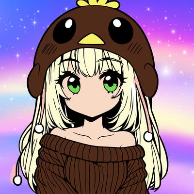 anime girl with chick shaped hat with sweater with bare shoulders with bangs covering them one eye with low tail